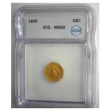 1855 Gold $1 ICG MS60 LISTS $750