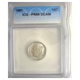 1961 Dime ICG PR69 DCAM LISTS $375