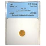 1852 Gilt Token NNC MS64 Indian-Wreath