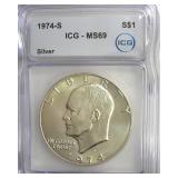1974-S Silver Ike ICG MS69 LISTS $11500