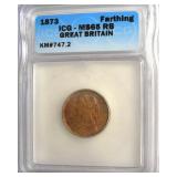 1873 Farthing ICG MS65 RB Great Britain
