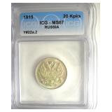 1915 20 Kopeks ICG MS67 Y#22a.2 Russia
