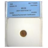 1852 Gilt Token NNC MS64 Liberty-Bear