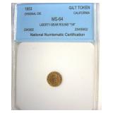 1853 Gilt Token NNC MS64 Liberty-Bear