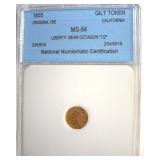 1855 Gilt Token NNC MS64 Liberty-Bear