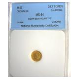 1852 Gilt Token NNC MS64 Indian-Bear