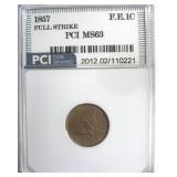 1857 F.E. Cent MS63 Full Strike LISTS $1250