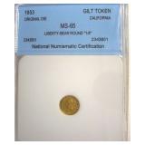 1853 Cal Gilt Token NNC MS65 Liberty-Bear