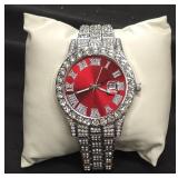 Silver-tone 'Iced-out' Fashion Red Face Watch