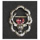 Mizpah 925 Sterling Silver Deer In Wreath Brooch