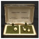 Vtg hand-carved floral ivory rose pendant/earrings