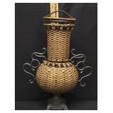 Woven Wicker Vase with Iron Base and Handles