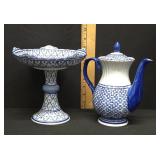 Thai blue and white porcelain pedestal bowl/teapot