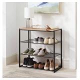 4 Tier Shoe Rack Black Metal with Natural Wood