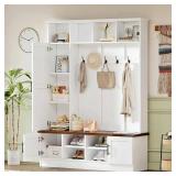 White 3-in-1 Entryway Hall Tree with 6 Hooks...