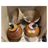Set of Two Woven Rattan and Wood Table Lamps