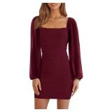 Ofenbuy Mesh Long Sleeve Ruched Mini Dress Wine L