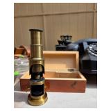 Brass Microscope With Wooden Storage Box