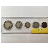 5 U.S. Coins in Clear Holder, Various Denomination