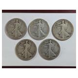 Five 1917 Walking Liberty Half Dollars