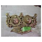 Ornate Brass Double Inkwell Stand with Decorative