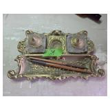 Ornate Brass Double Inkwell with Glass Inserts