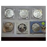 Six American Silver Eagle Coins, Various Dates