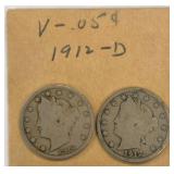 1912-D Liberty V Nickels (Two Coins)