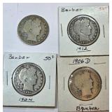 Four Barber Half's 2x 1904,1906D,1912