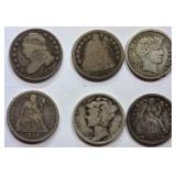 Six U.S. Silver Dimes, Various Types and Years