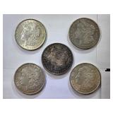 Five Morgan Silver Dollars, Assorted Dates