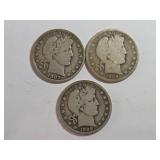 Three Barber Half Dollars from 1907, 1908-O, and 1