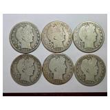 Six 1905 Barber Half Dollars