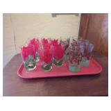 14 Floral and Bird Glass Tumblers with Tray