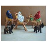 Leather Camels and Wooden Figures, Largest 9 Inche