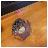 Wooden Burl Base With Stone Inlay and Carved Detai