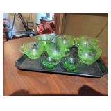 Six Green Depression Glass Teacups with Saucers