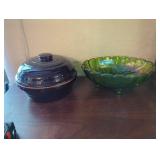 Green Glass Bowl and Ceramic Lidded Dish