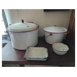 Enamelware Bowls and Lidded Pot with Handles