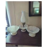 Milk Glass Electrified Lamp and Two Milk Glass Bow