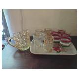 Marigold Carnival Glass Pitcher With Assorted Glas