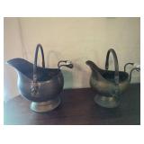 Vintage Brass Coal Scuttle Buckets With Delft Hand