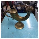 Brass Ornate Oil Lamp with Chain and Handle