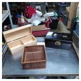 Three Storage Items in Wood, Wicker, and Plastic