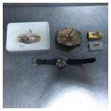 Two Money Clips, Belt Buckle, Watch, and Tray