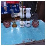 3 Mini Oil Lamps and 2 Decorative Bowls