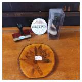 Grooming Items and Wooden Artwork