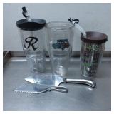 3 Tervis Tumblers with Lids and Metal Cake Server