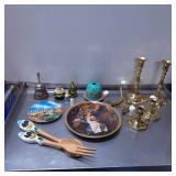 Decorative Items Including Brass Candlesticks and