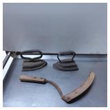 Three Vintage Cast Iron Tools with Wooden-Handled